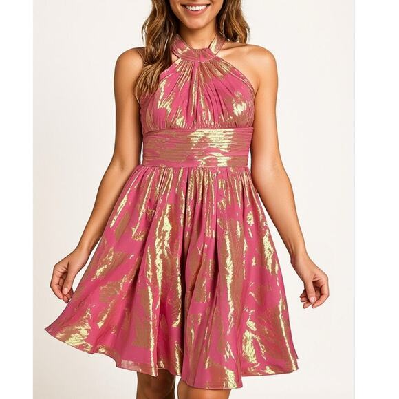 Aidan Mattox Silk Metallic Halter Cocktail Dress Pink Gold Size 6 - Picture 11 of 11